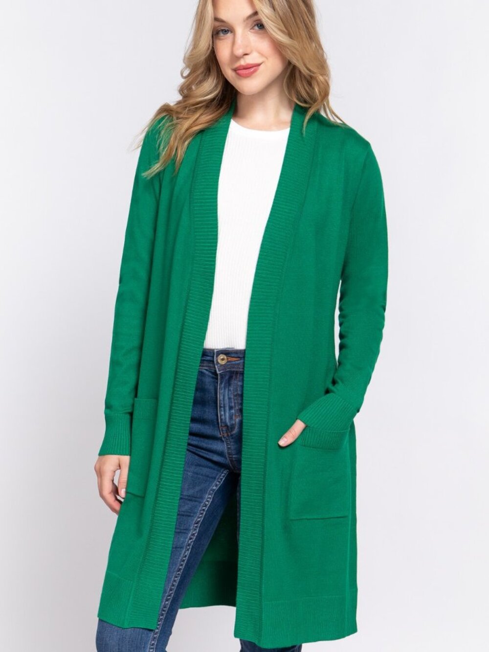 Active Basic Green Long Open Cardigan Sweater Pockets NWT S M L